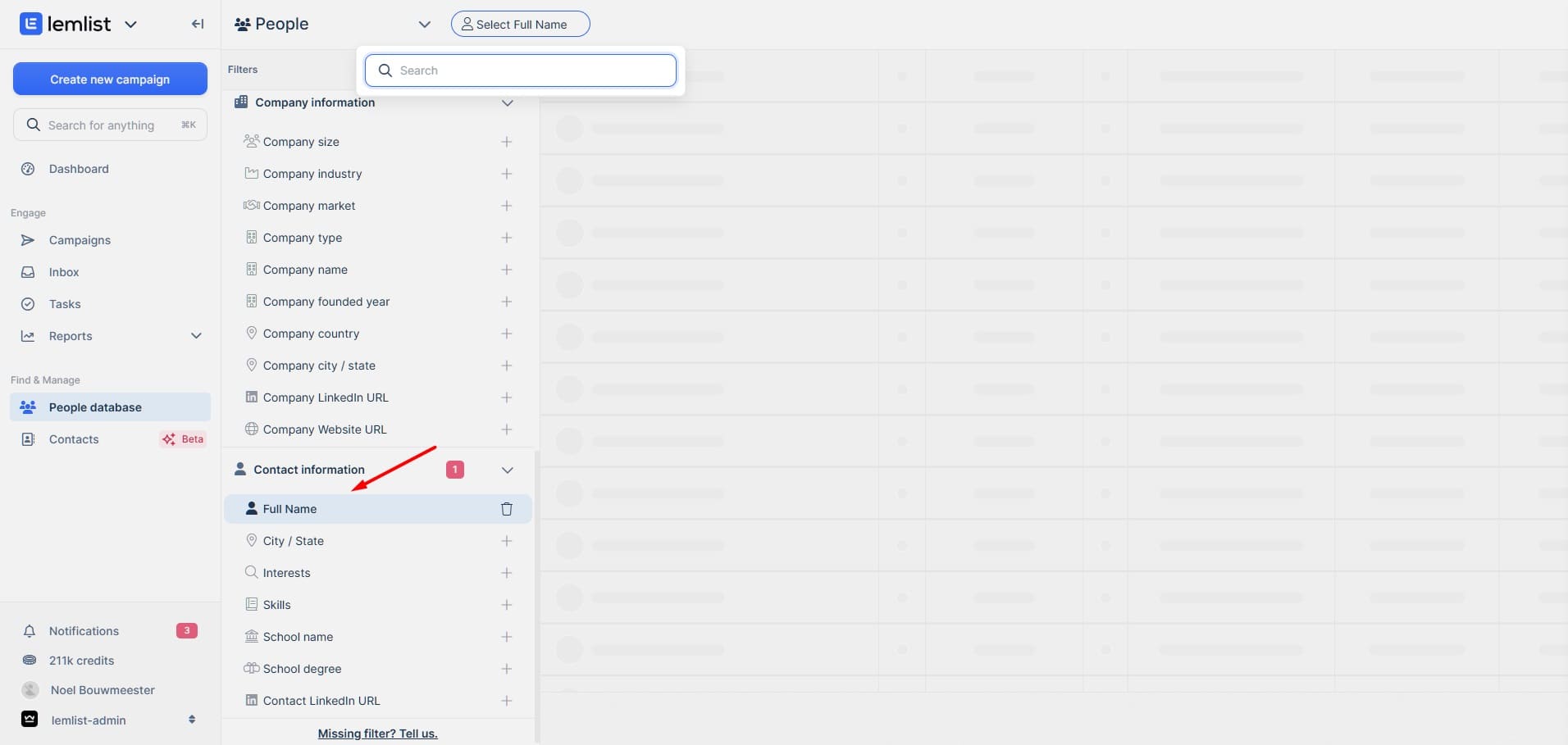 lemlist b2b database filtering by name