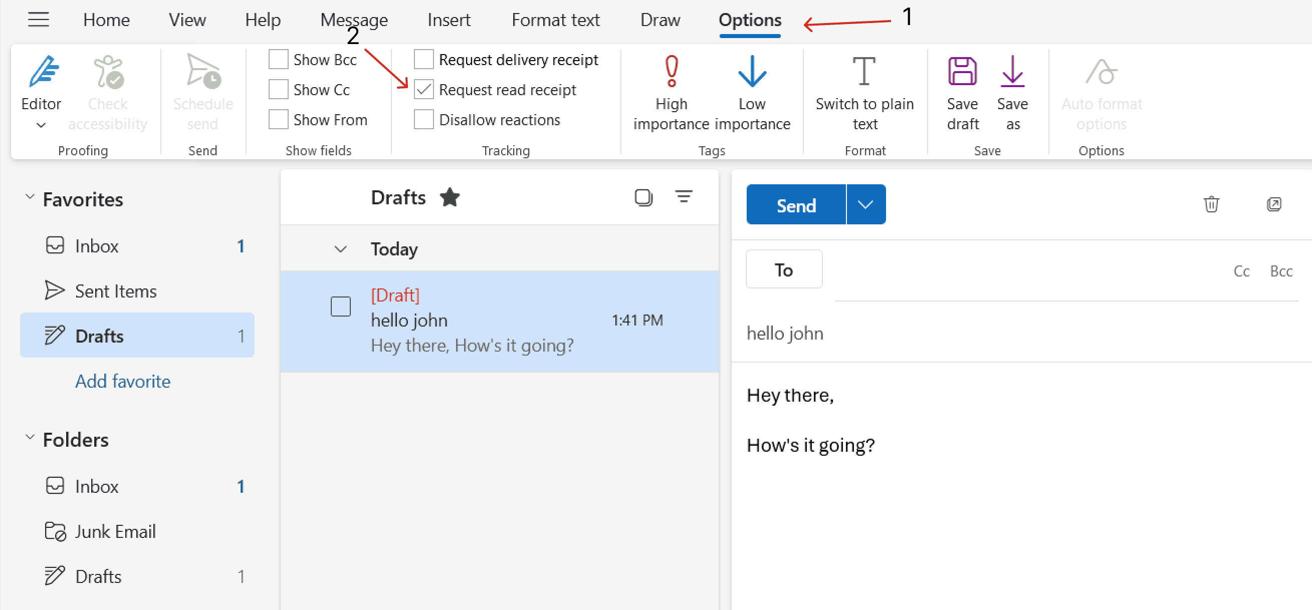 Outlook email interface with a draft message and request read receipt options.